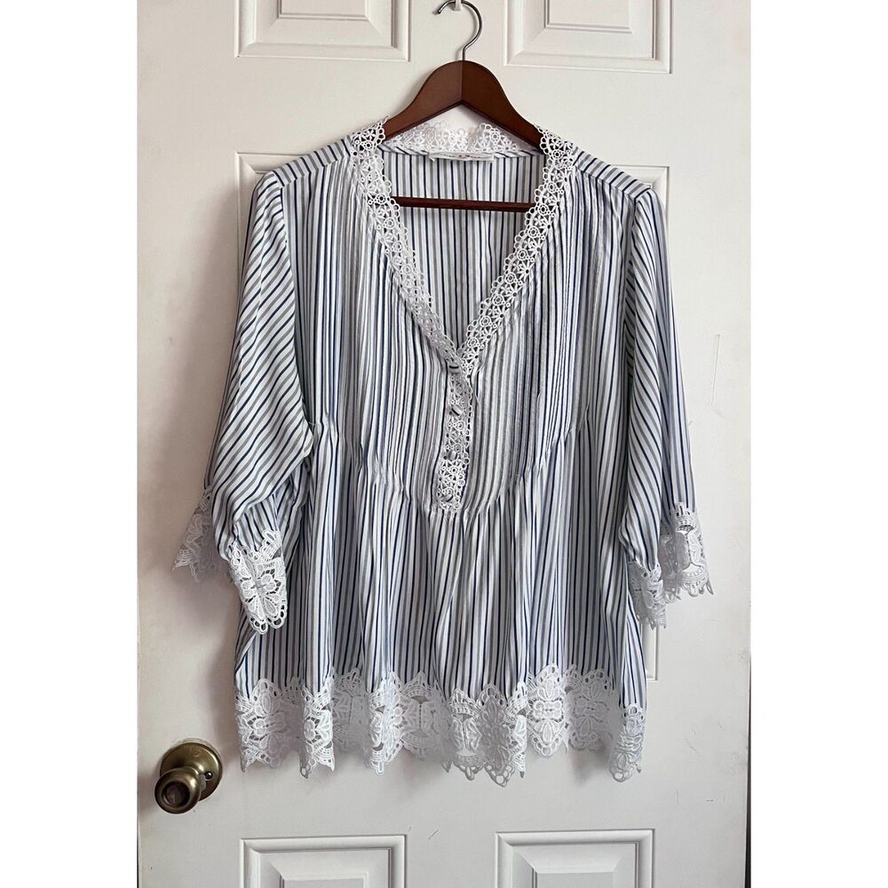 Blue & white striped lace trim blouse 1X/XL coastal chic - Picture 1 of 5